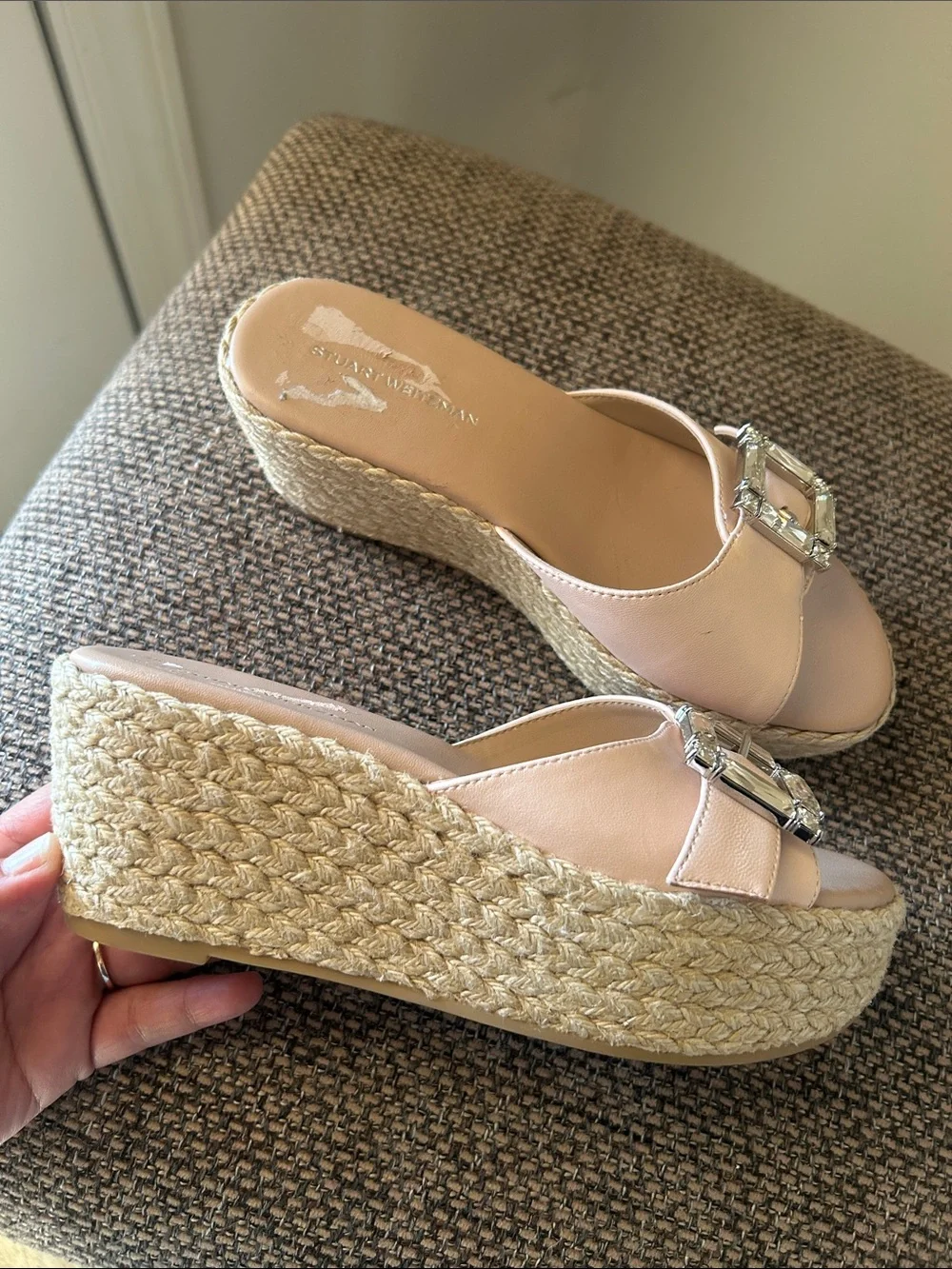 Stuart Weitzman June Crystal Buckle Espadrille Wedge Sandals Blush Pink Resort - Picture 11 of 16